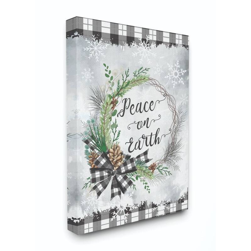 Stupell Peace On Earth Wreath Plaid Holiday Christmas Word Design Canvas Wall Art, Proudly Made in USA