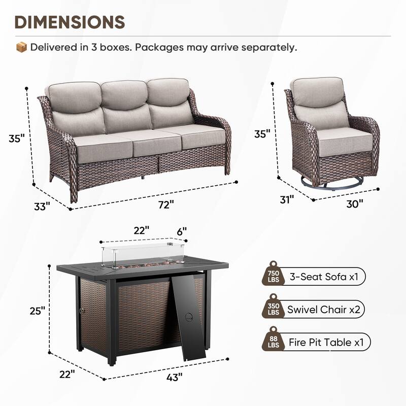 Pocassy Patio Sofa Swivel Chairs w/ 43in Fire Pit Table Set