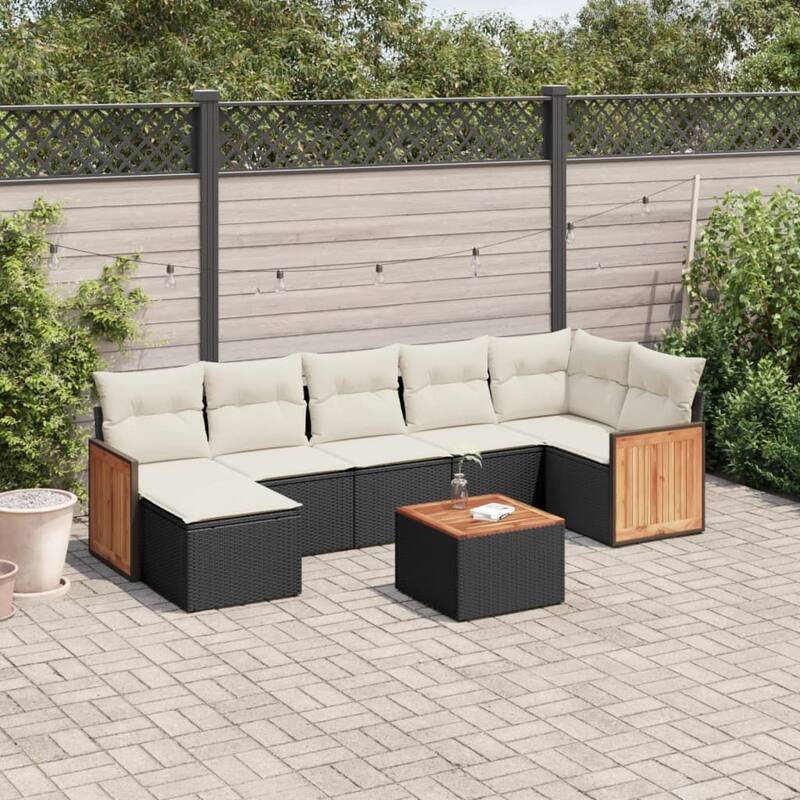vidaXL Patio Sofa Set with Cushions Outdoor Conversation Furniture Poly Rattan - Black and Cream-With table - 21.7 x 21.7 x 14.6
