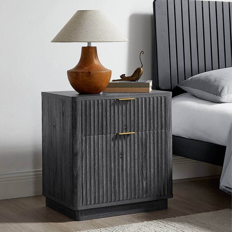 Modern Fluted Nightstand with Charging Station, 2 Drawer Bedside Table - Dark Alder