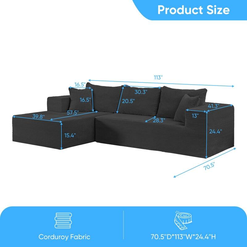 Mixoy Modern 113''Minimalist 2-Piece Corduroy Modular Chaise Sectional Sofa Deep Seat,L-Shaped Upholstered Couch With Chaise