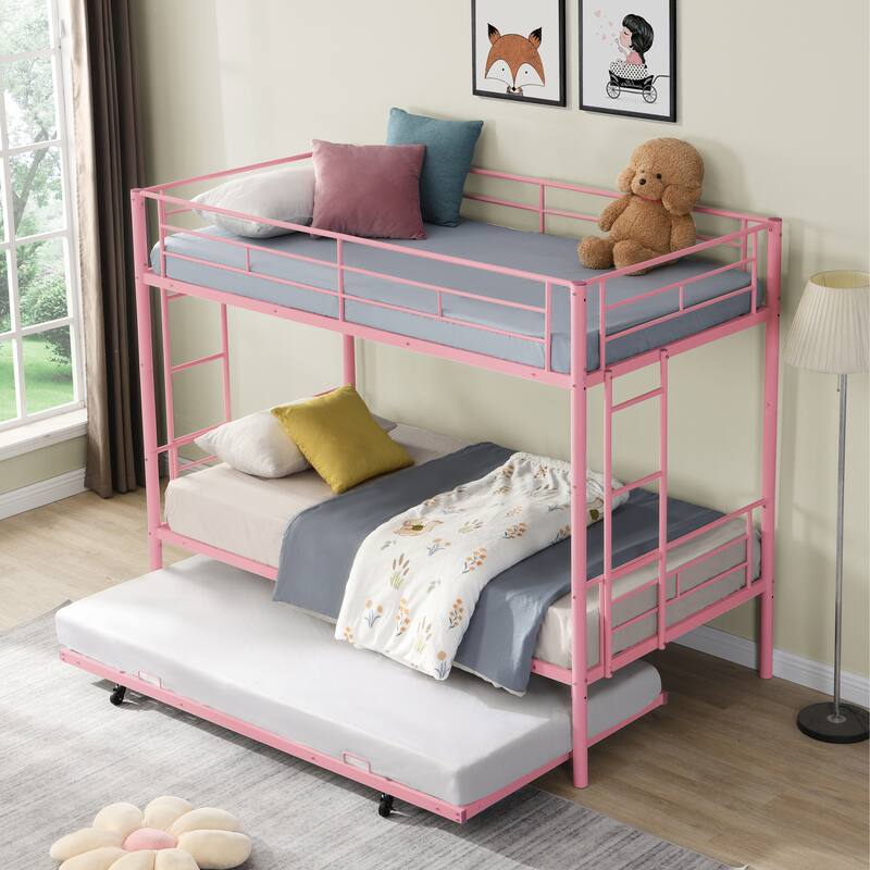 Twin Over Twin Bunk Bed with Trundle, Metal Bunkbeds with Ladder and Full-Length Guardrail, Noise Free, No Box Spring Needed