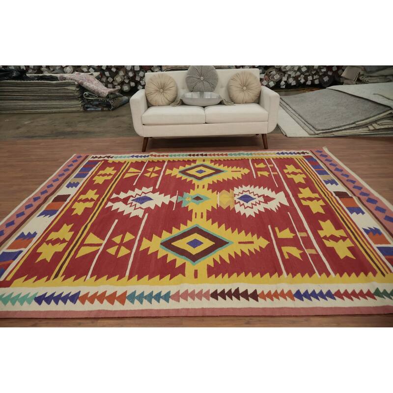 Hand Woven Oriental 100% Wool Carpet Southwestern Tribal Oranges & Rust Kilim Area Rug - 9' 7'' X 8' 2''