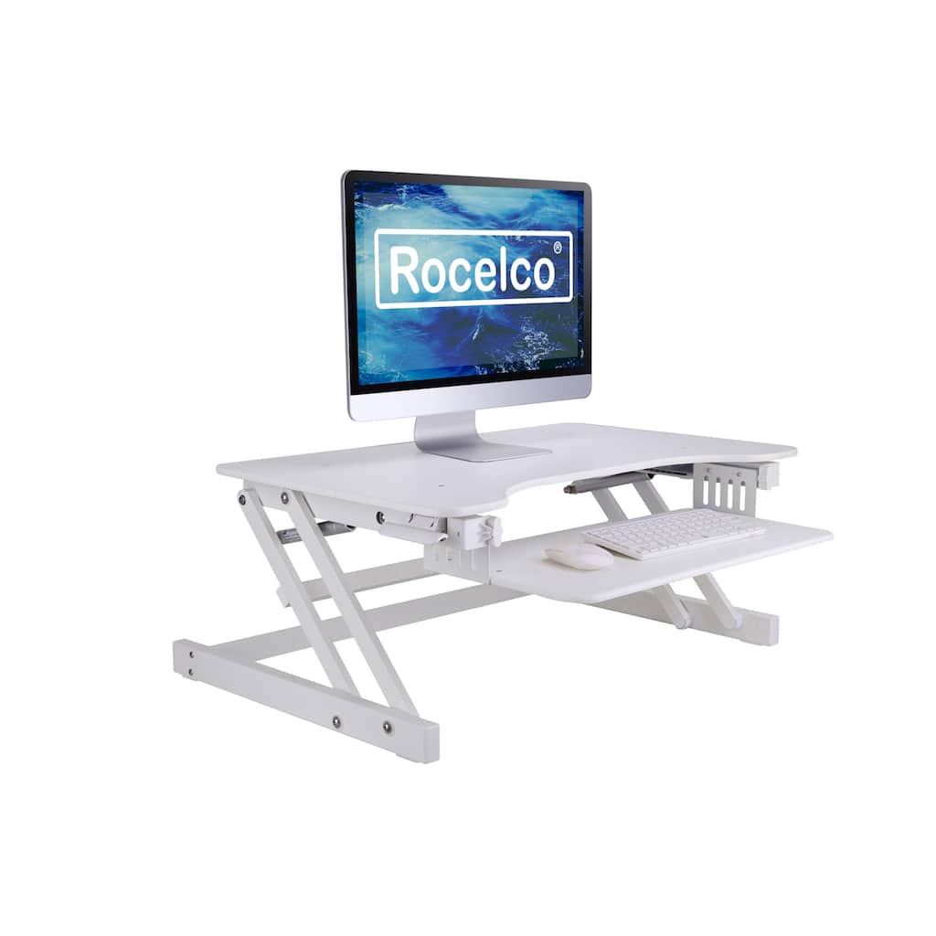 Rocelco 32 in. W White Height Adjustable Standing Desk Converter Keyboard Tray Up Double Monitor Riser Computer Workstation