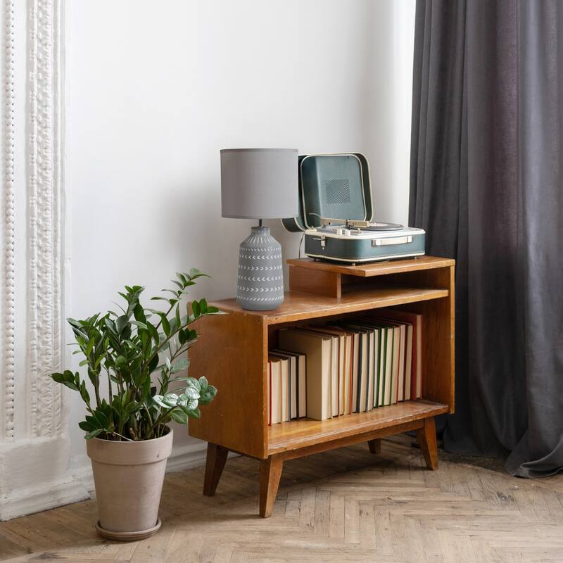 Tribal Style Hand Painted Ceramic Table Lamp with Drum Shade - 17" - Gray