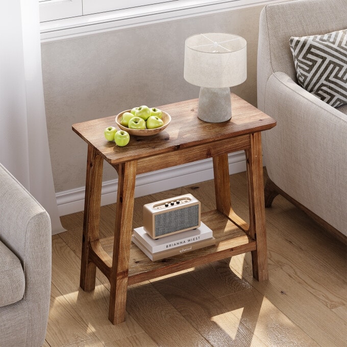 Solid Wood End Table, Rustic 2-Tier Side Table for Living Room