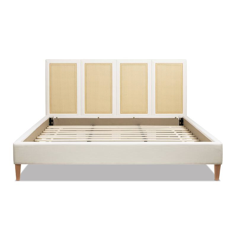 Jennifer Taylor Home Toscana Upholstered Cane Back Platform Bed, Antique White Polyester