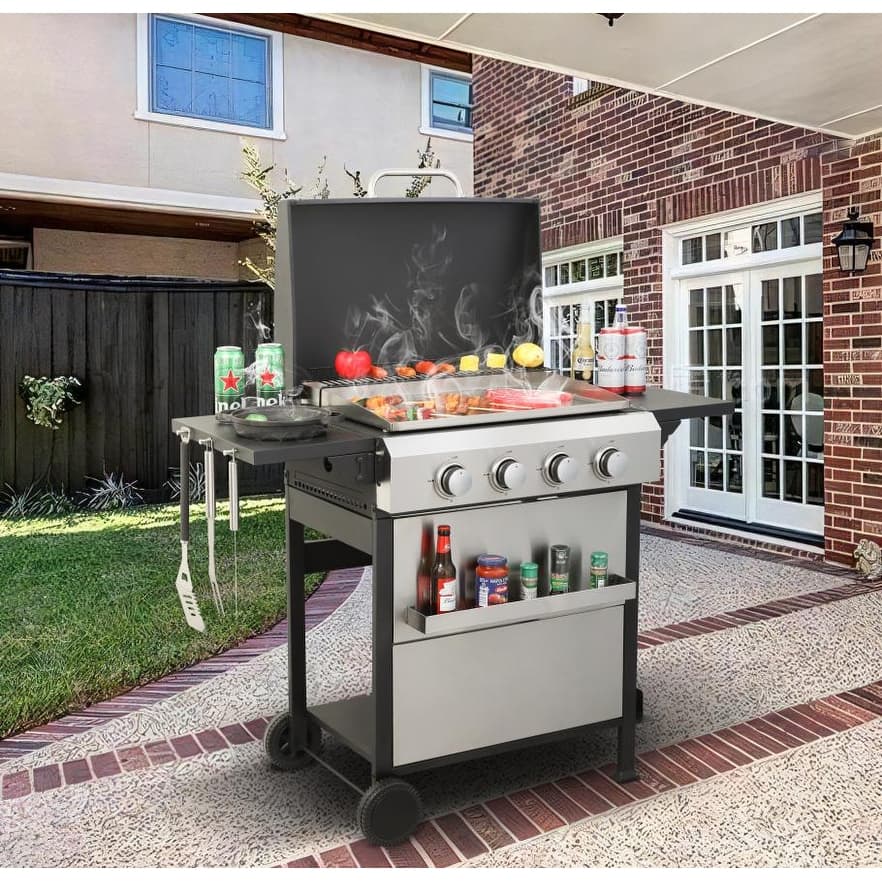 4 Burner Propane Gas Grill with Wire Enamel Grill Grid Foldable Side Table and Hanging Basket, for Outdoor Grilling