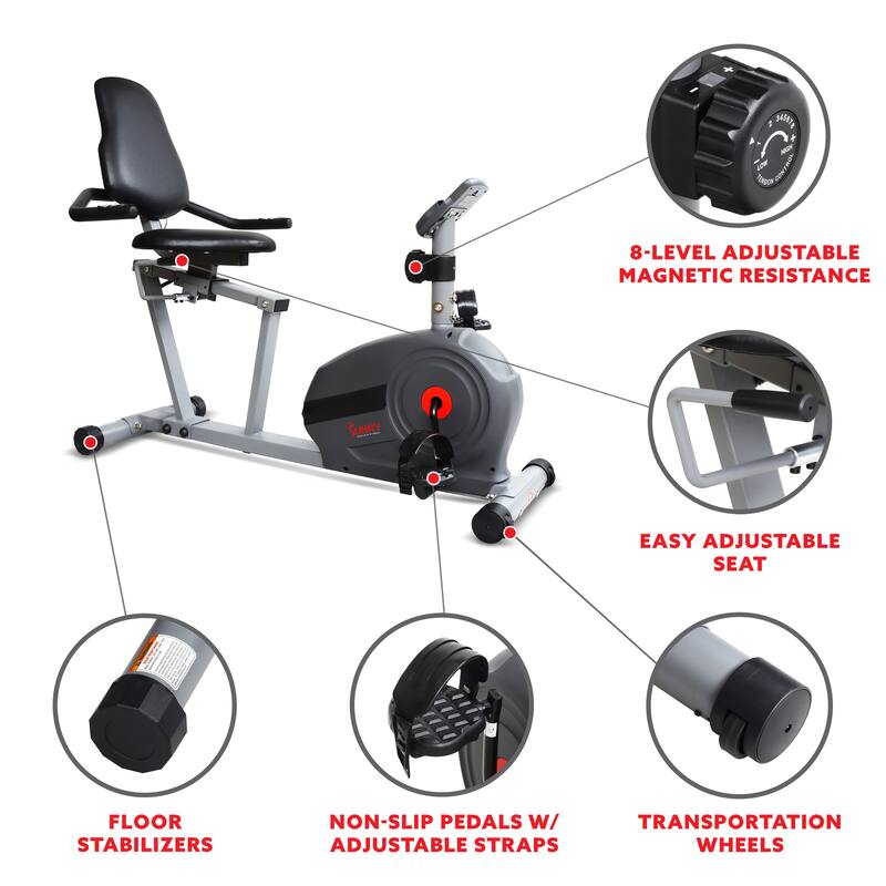 Sunny Health & Fitness Essentials Series Magnetic Smart Recumbent Bike SF-RB422903 - 52.4L x 26.4W x 41.5H