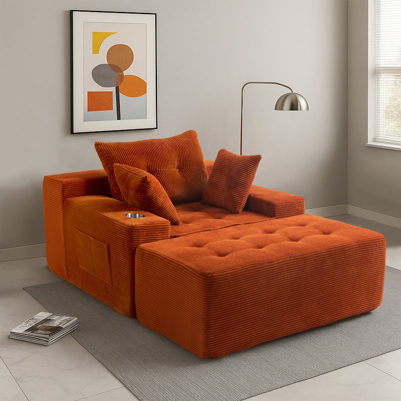 Corduroy Upholstered Memory Foam Sofa With Ottoman Upholstered Bean Bag Couch - 48.4"Lx67.7"Wx24.4"H - Orange