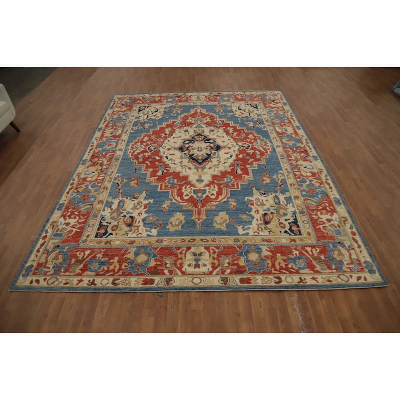 Hand Knotted Oriental 100% Wool Carpet Traditional Medallion Navy Blue & Blues Heriz (serapi) Area Rug - 11' 11'' X 9' 3''
