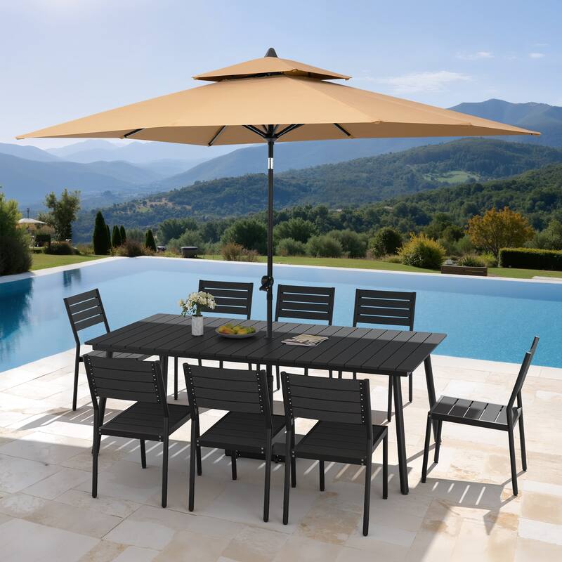 11PC Outdoor Patio Dining Set Aluminum Table with Stackable Chairs w/ Premium Market Umbrella Sets - BlackTable&BlackChairs&TanUmbrella
