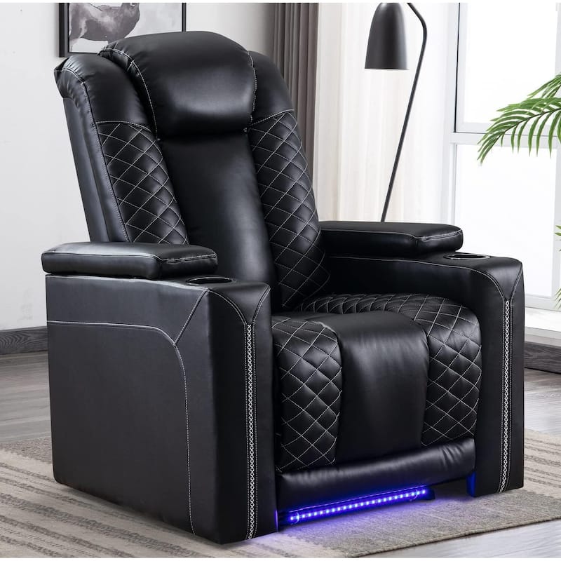 Electric Power Recliner Chairs with USB Ports and Cup Holders Faux Leather Home Theater Seating Recliner with Hidden Arm Storage - Black