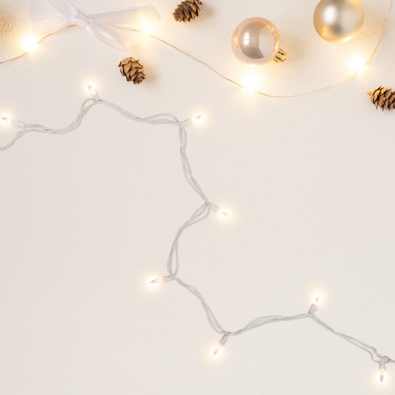 50 Clear Mini Christmas Light Set, 10ft White Wire