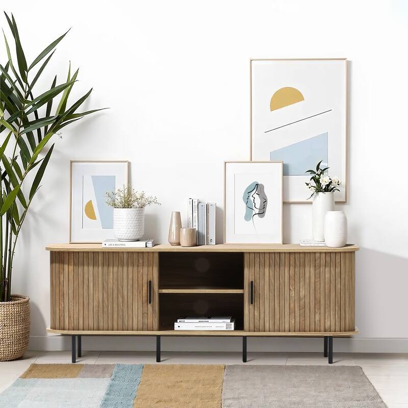 Mid-Century Modern 2-Door 55.1-Inch Wide TV Console with Slatted Slidng Doors - 21.7" H x 55.1" W x 15.75" D