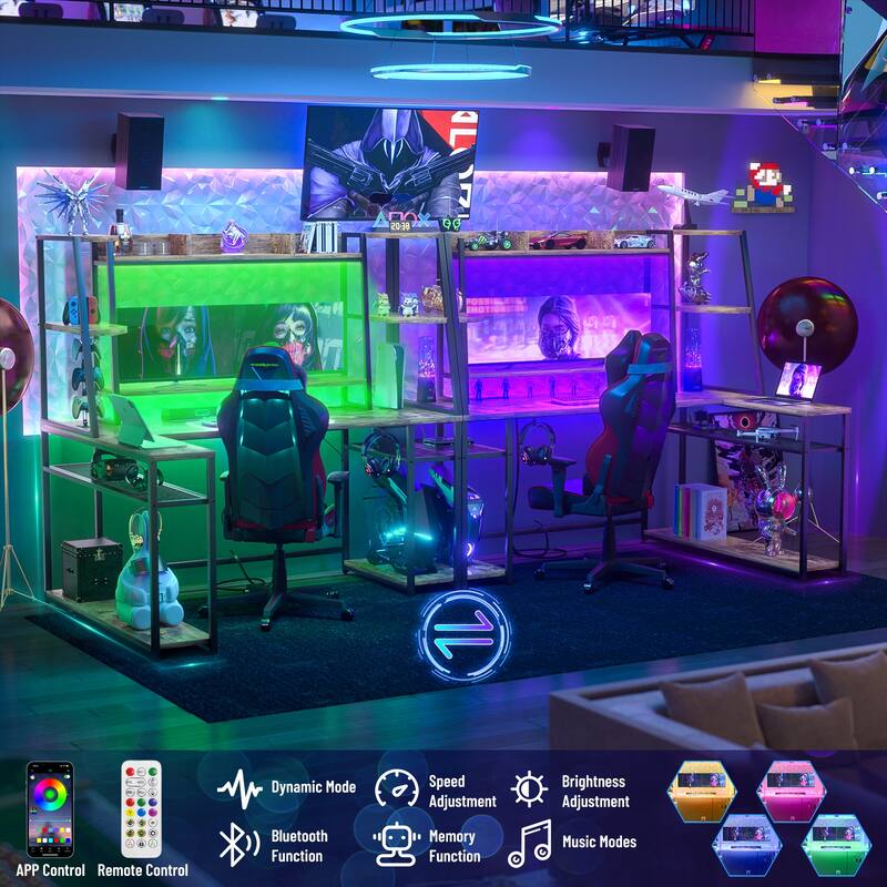 Ultimate L-Shape Gaming Desk with Hutch & Shelves, Reversible Computer Desk with LED Lights & Charging Station