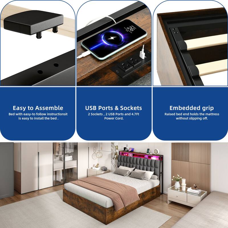 Moasis Lift-Up Storage Bed Frame with Charging Station & Storage Headboard