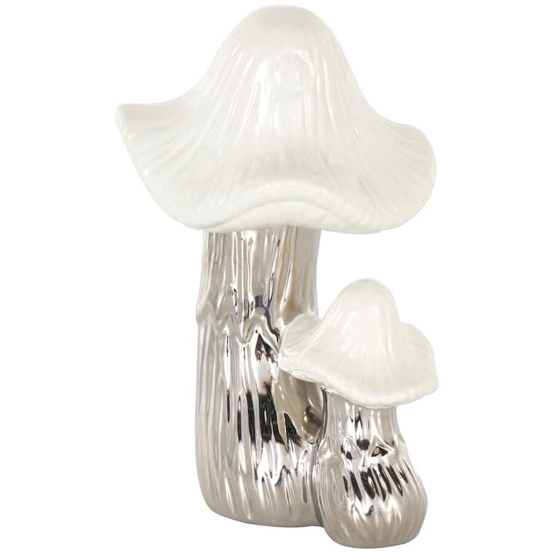 Gold or Silver Ceramic Mushroom Sculpture with White Tops and Textured Grooves