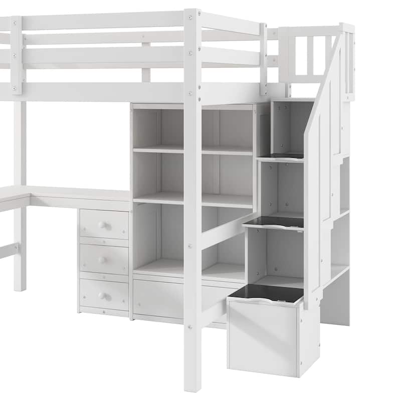 Full Size Loft Bed with L-Shaped Desk, Drawers, Cabinet, and Storage Staircase, White