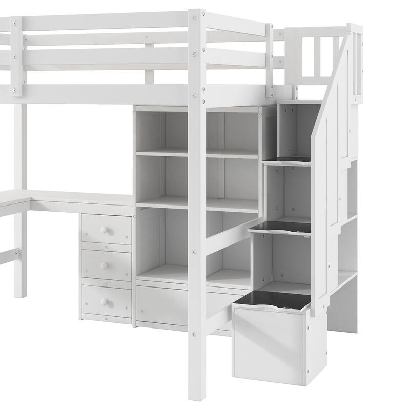 Twin/Full Loft Bed with L-Shaped Desk and Storage Staircase, Multi-Functional Solid Wood Loft Bed Frame with Drawers & Bookcase