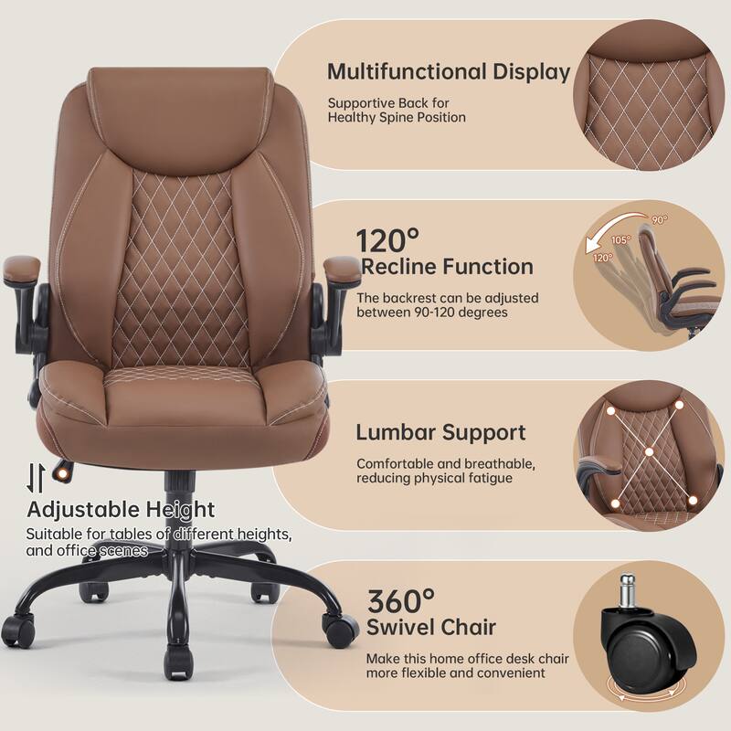 Leather Ergonomic Back Support Swivel Executive Office Chair with Wheels and Flip-Up Armrests, with Adjustable Rocking Function