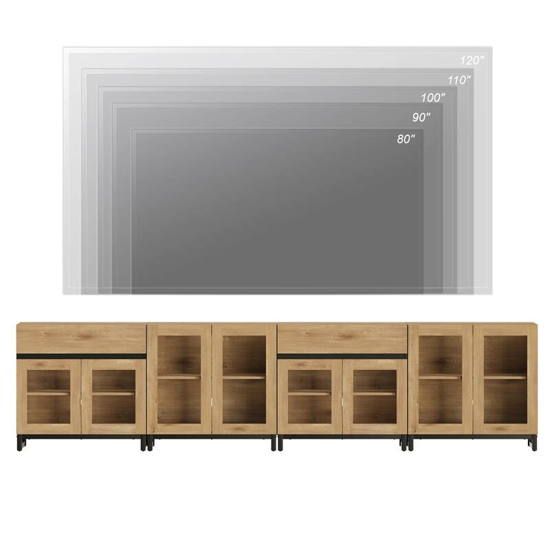 4-in-1 TV Stand for 120" TVs, Modern Console with Glass Doors & 2 Drawers, Adjustable Shelf