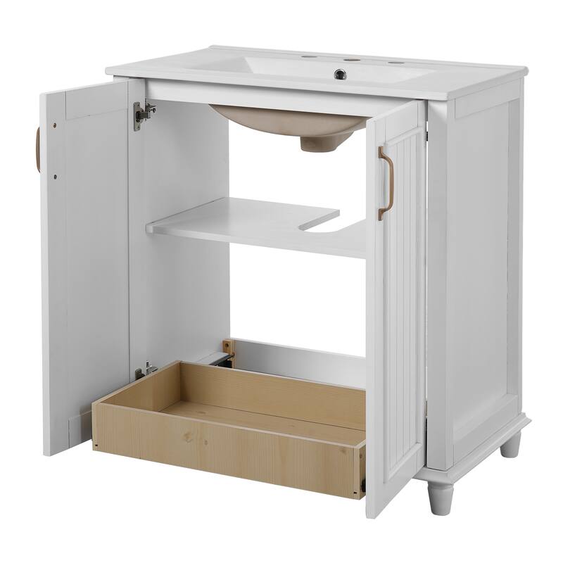 30 Inch Bathroom Vanity with Ceramic Sink,Freestanding Bathroom Vanity Set with Hidden Drawer,Storage Cabinet,Solid Wood Frame
