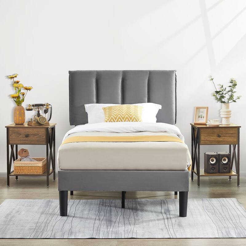 VECELO 3-Pieces Bedroom Sets Upholstered Bed Frame and Nightstands Set of 2 Dark Grey Platform Bed Frame - Brown - Twin