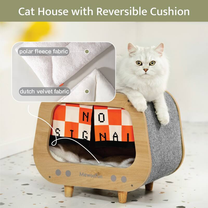 Wooden TV-Shaped Cat Bed, Cat House with Cushion - Warm Grey