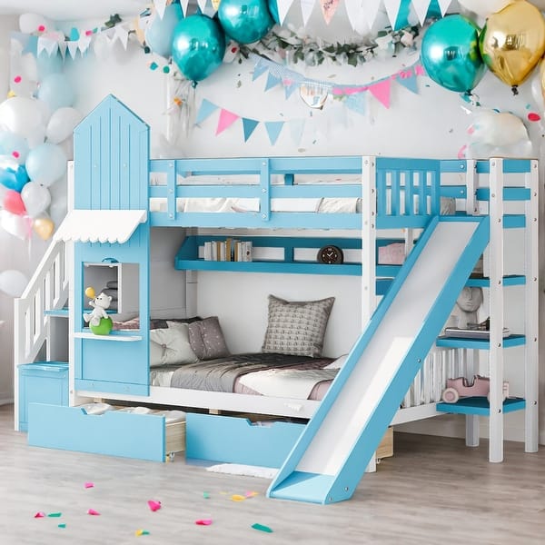 slide 2 of 66, Elegant Twin over Twin Bunk Bed With 2 Drawers,3 Shelves and Slide,Sturdy Frame,s Blue