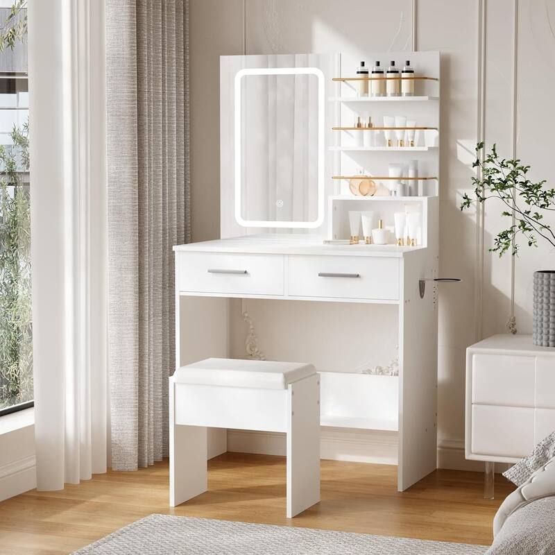 2 DrawersMakeup Vanity Desk Set with Mirror, Lights, Open Storage Shelves - White