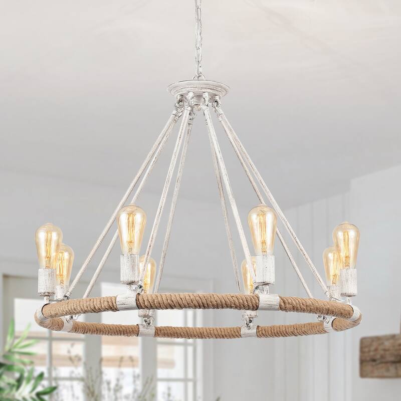 8-Light Classic Semi Flush Mount Chandelier, Farmhouse Modern Wagon Wheel Chandelier for Dining Room - W30.71"x H25.59" - Distressed White