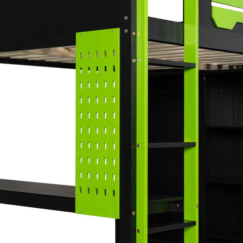 Roomfitters Full Gaming Loft Bed with Desk, Open Wardrobe, RGB LED and USB Ports, Space Saving Sleeper