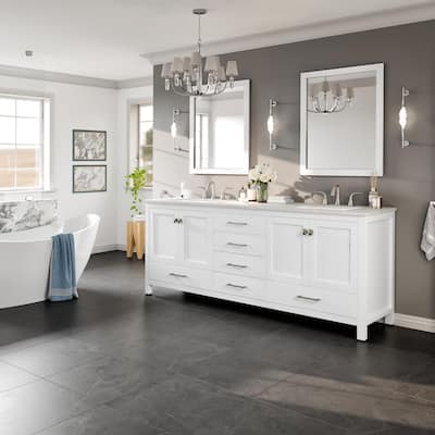 Eviva Aberdeen 84"W x 22"D White Double Sink Vanity with White Carrara Quartz Top and Rectangular Undermount Sinks