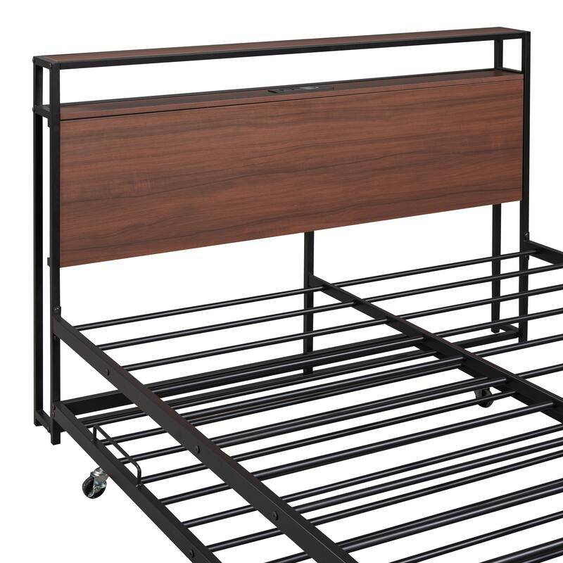 Full Size Metal Platform Bed Frame with Trundle, USB Ports, Slat Support, No Box Spring Needed, Black