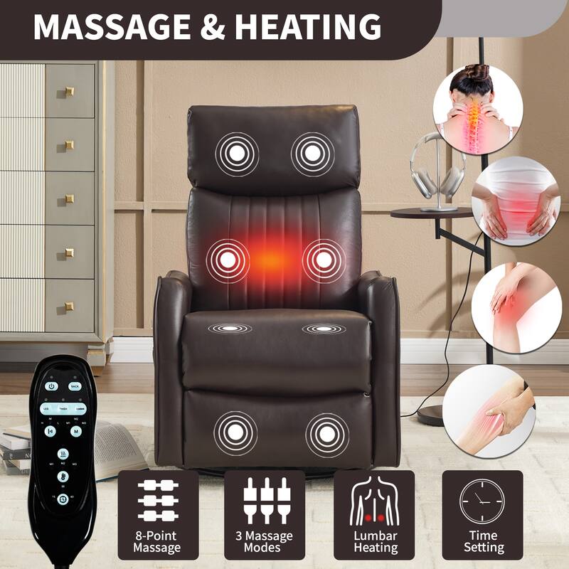 Leather Heat Massage Manual Recliner Chair with Rocker and Swivel in Fabric for Living Room