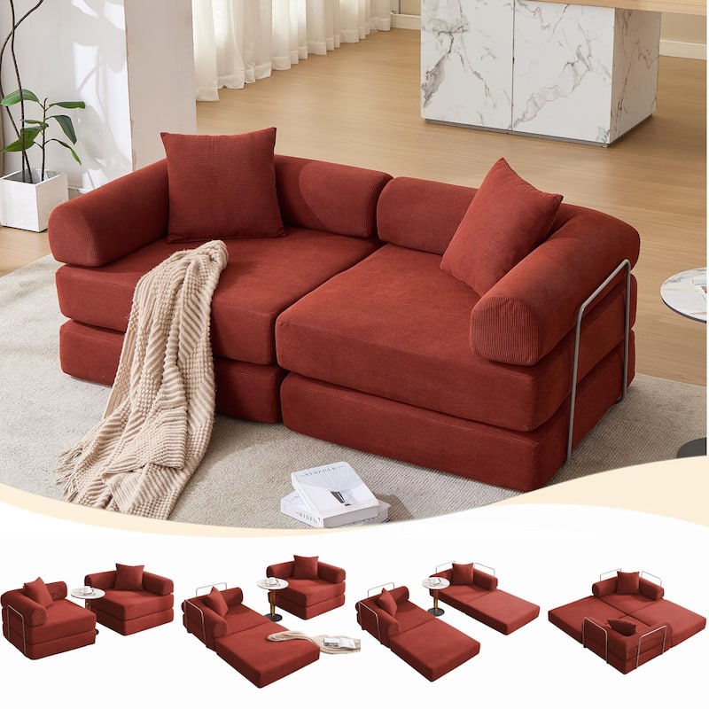 Folding Mattress Lounge Sofa with Corduroy Cushions, Convertible Sofa Bed Sleeper Sofa with Removable Armrests