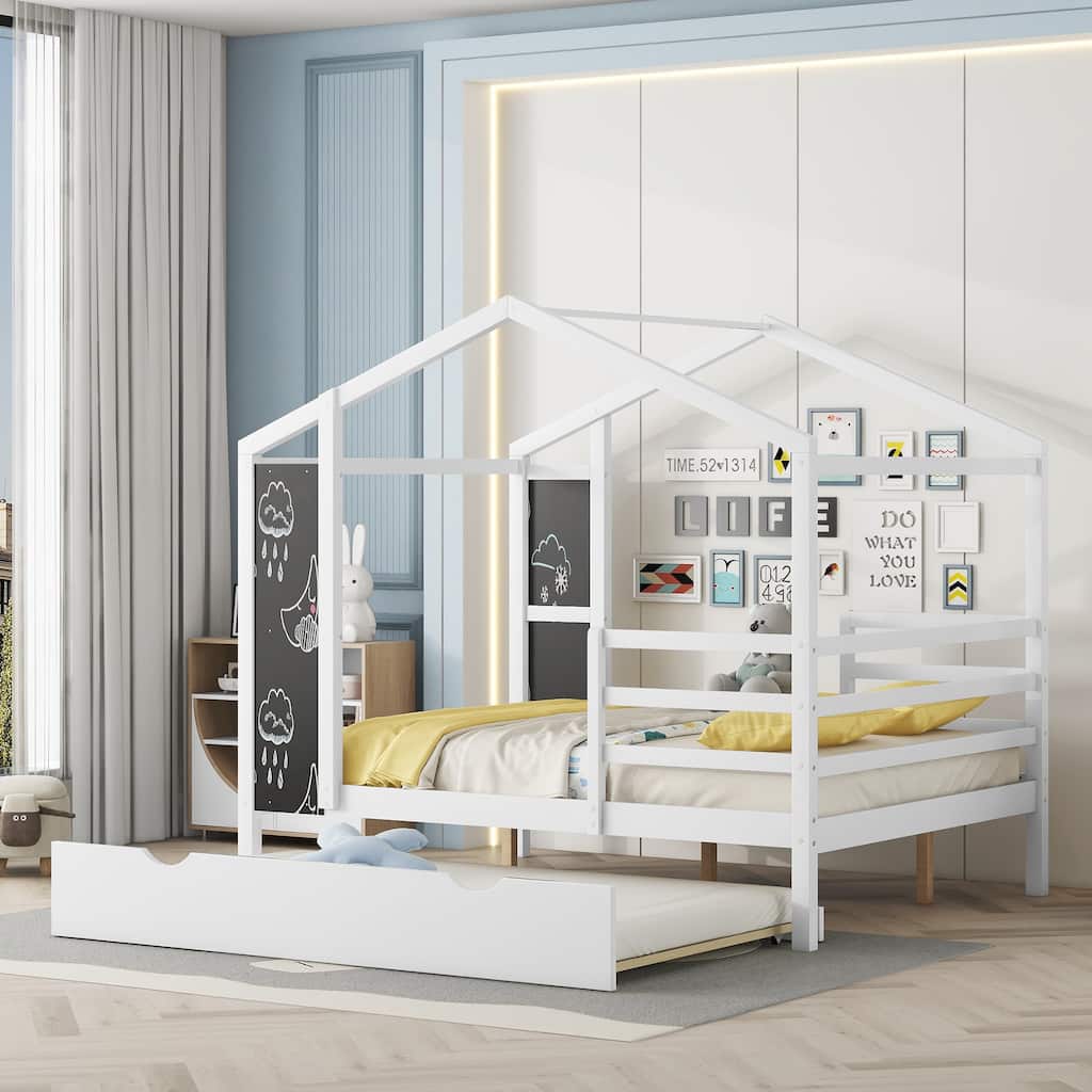 Wood House Bed with Fence and Writing Board
