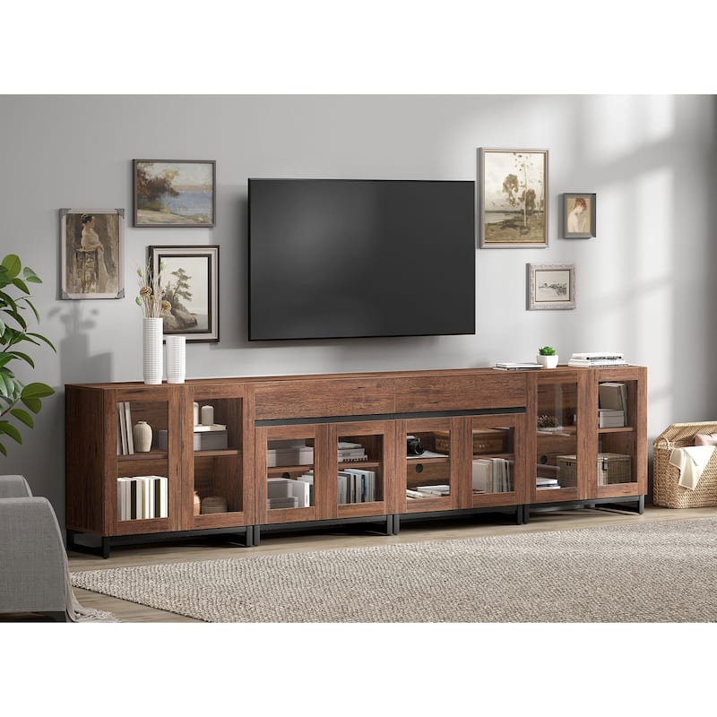 4-in-1 TV Stand for 120" TVs, Modern Console with Glass Doors & 2 Drawers - 126 inches - Brown