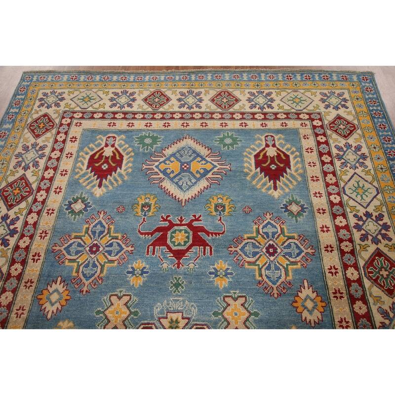 Hand Knotted Oriental 100% Wool Carpet Traditional Geometric Navy Blue & Blues Kazak Area Rug - 9' 6'' X 6' 6''