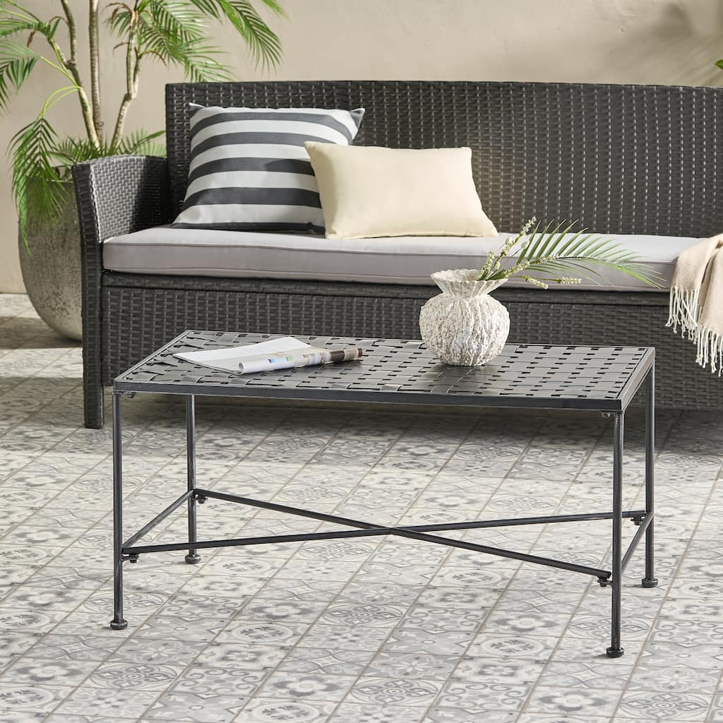 Roomfitters Luna Outdoor Iron Coffee Table with Powder Coated Finish, Modern Patio Rectangle Table, Black