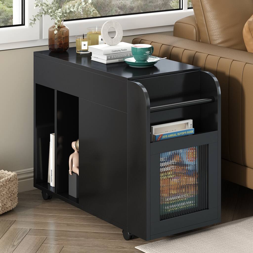 Multifunctional End Table Side Table with Tempered Glass door,2 Storage Shelves,2 Drawers,Wheels