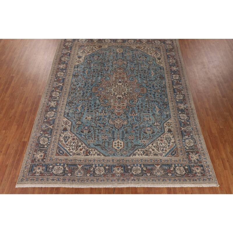 Light Blue Distressed Tabriz Persian Vintage Rug Handmade Wool Carpet - 9'7" x 12'3"
