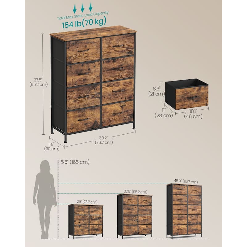 Drawer Fabric Dresser with Steel Frame & Wood Top Modern Storage Chest for Bedroom Closet or Living Room - Rustic Brown + Ink Black - 8-drawer