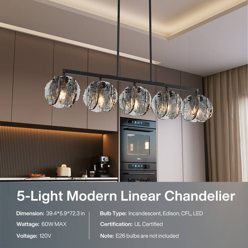 5-Light Linear Chandelier with Hand-Blown Smoke Gray Glass Shades - Smoky Gray