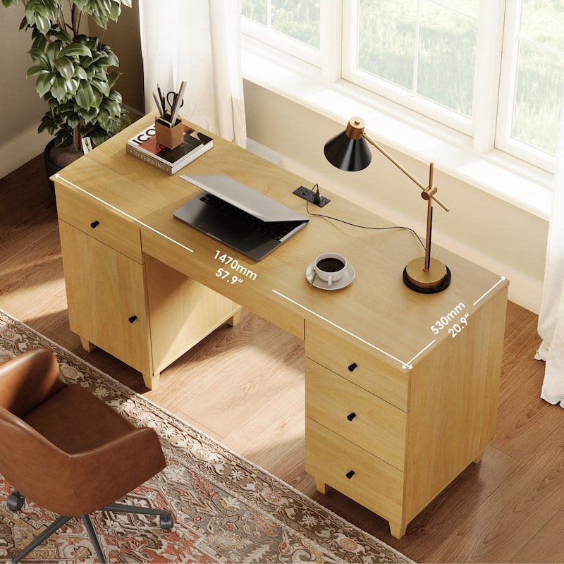 WAMPAT Home Office Furniture Set, 58" Executive Desk with Cabinet, 3-Column 71" Tall Bookcase with Doors and Adjustable Shelves