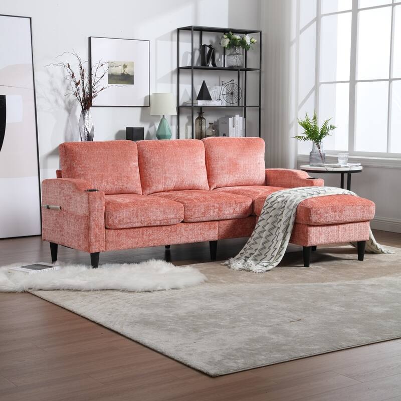 Convertible Sectional Sofa Couch, L-Shape Cozy Sofa Couch Set 4 Seat Sofa Sectional with Storage Ottoman for Living Room - Pink