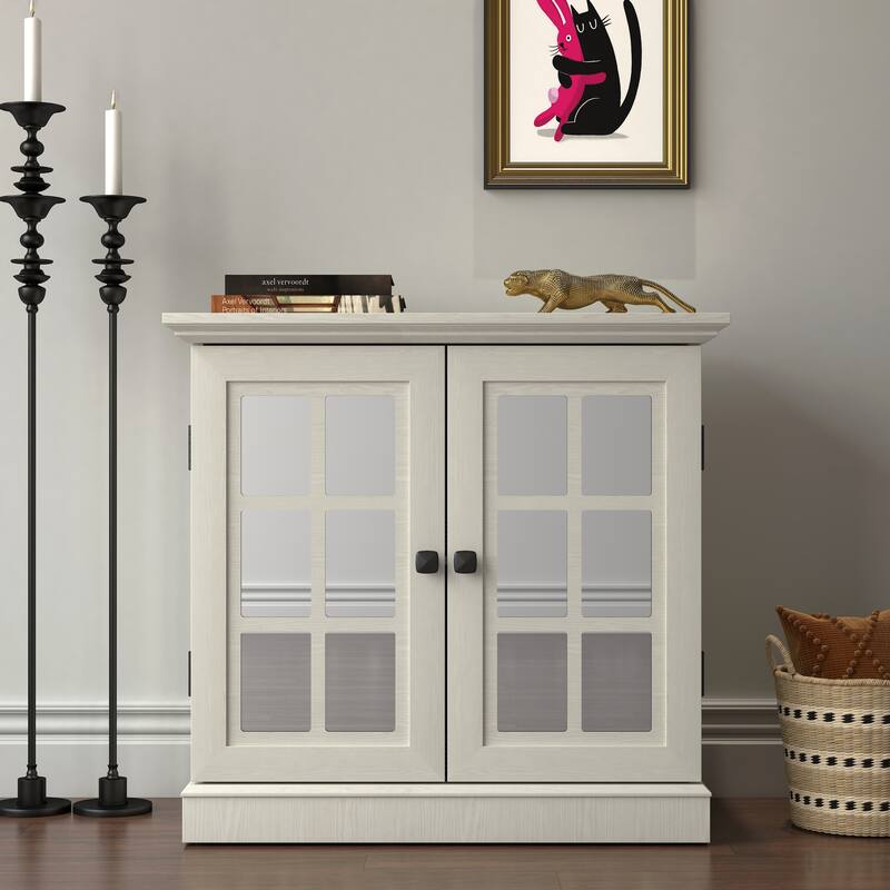 Anmytek 2 Door Acrylic Mirrored Sideboard Cabinet White Wood Grain