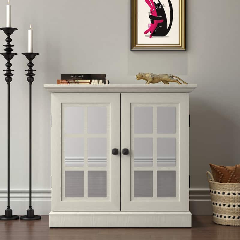 Storage sideboard cabinet with 2 decorative acrylic mirrored doors, adjustable shelf for dining room, living room - White
