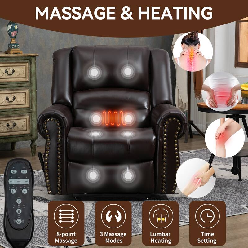 Brown Faux Leather Dual Motor Lift Recliner with Heat and Massage, USB Ports, and Infinite Recline for Seniors
